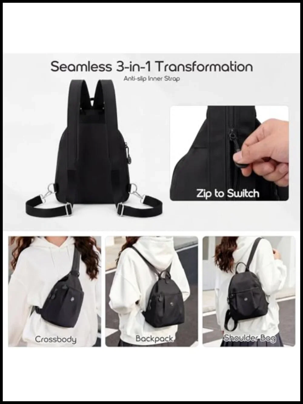 3 in 1 Convertible Anti Theft Backpack Crossbody Sling Bag for Women Travel